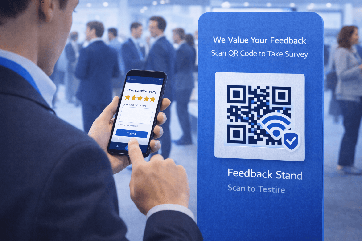 Attendee completing feedback survey via QR code