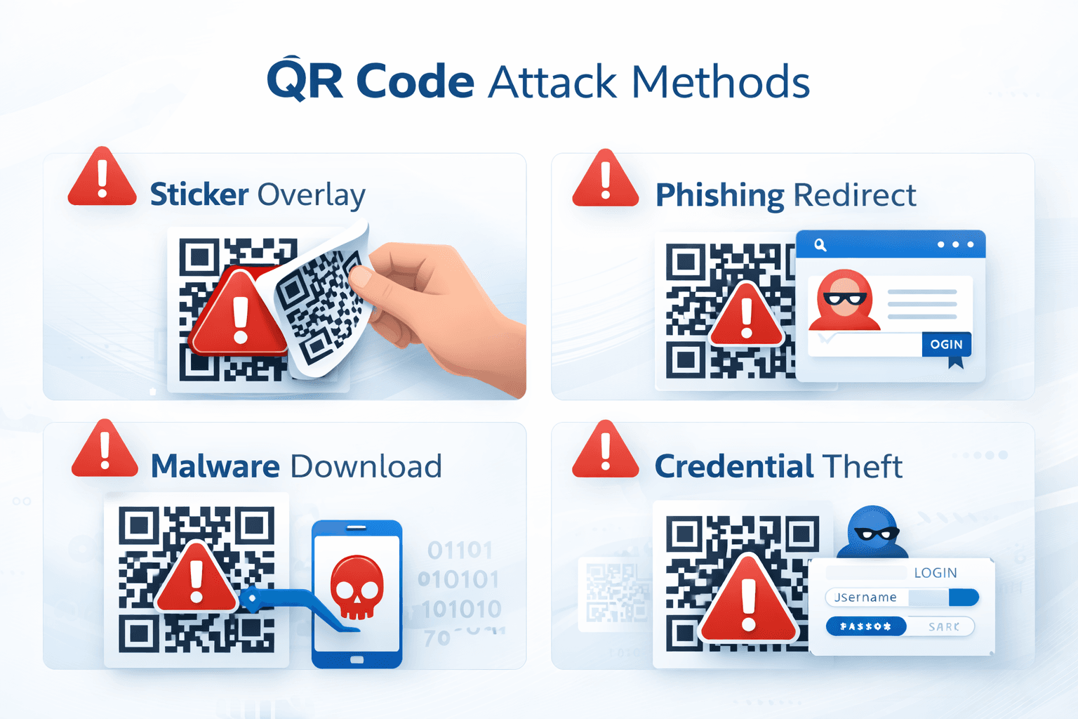Diagram showing different types of QR code attacks