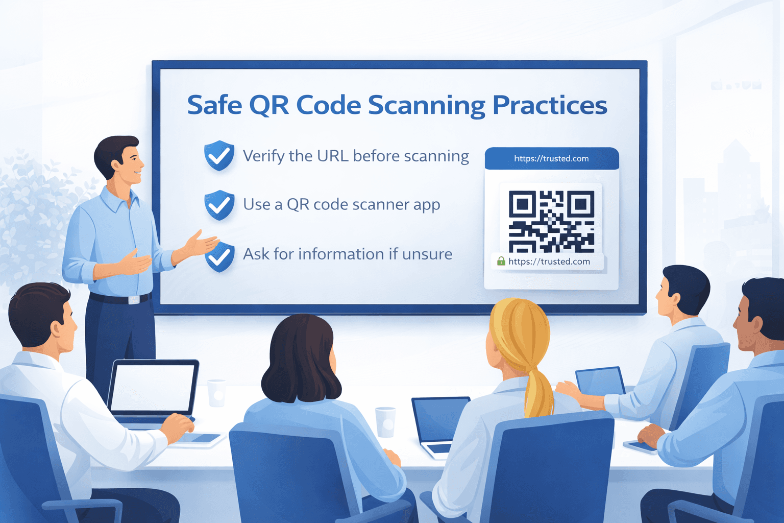 Team participating in QR code security training