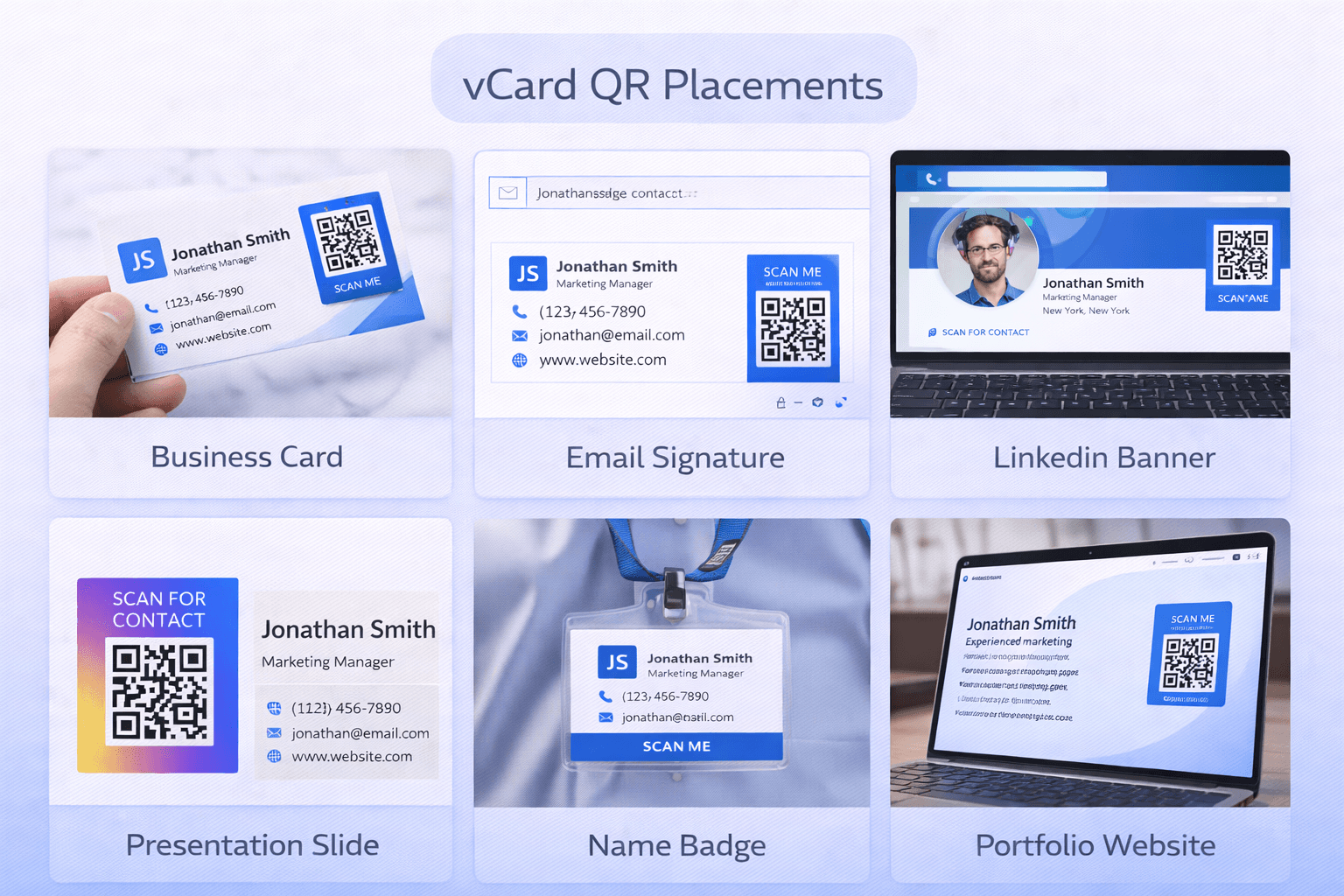 Various placement locations for vCard QR codes