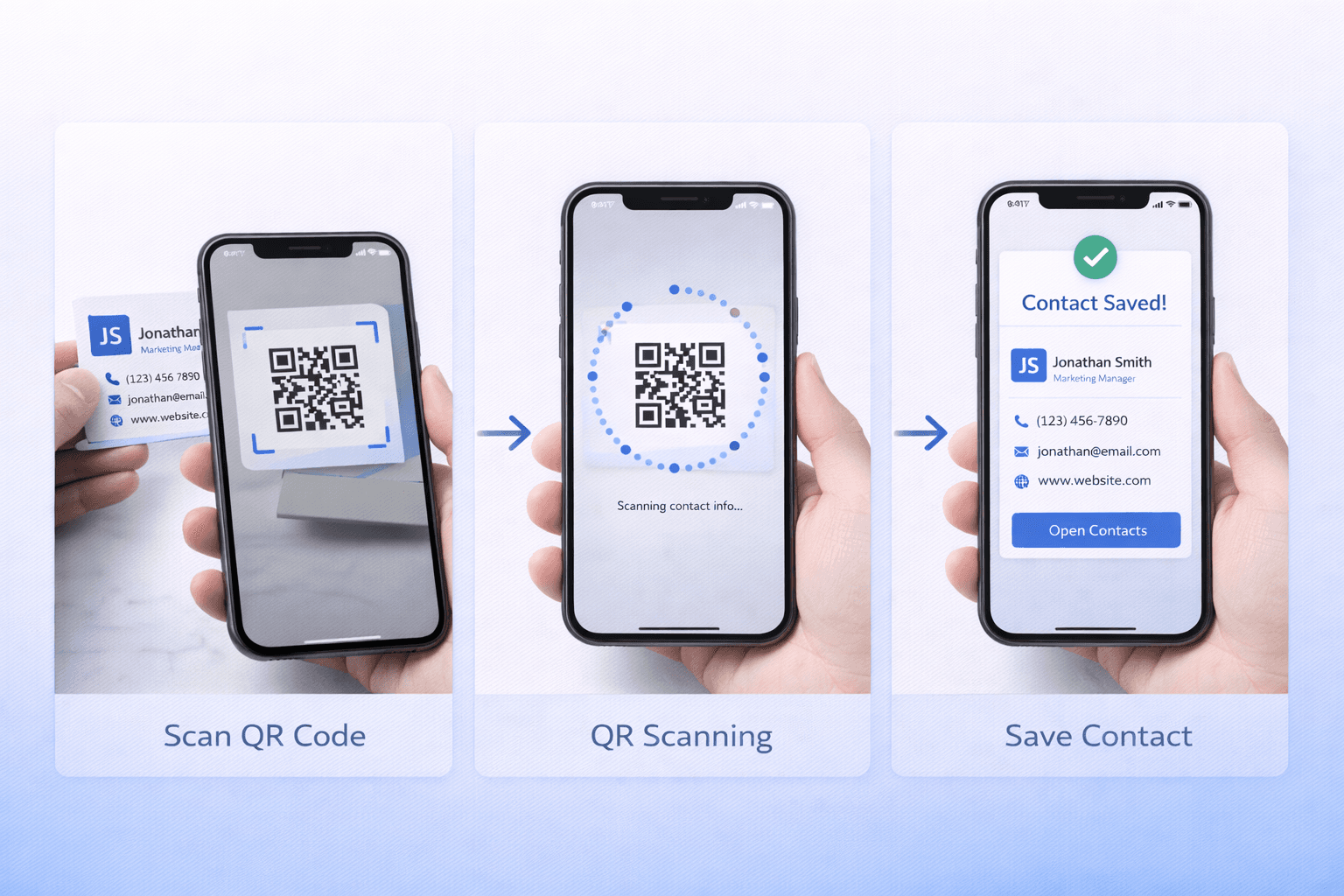 Illustration showing vCard QR code scanning process