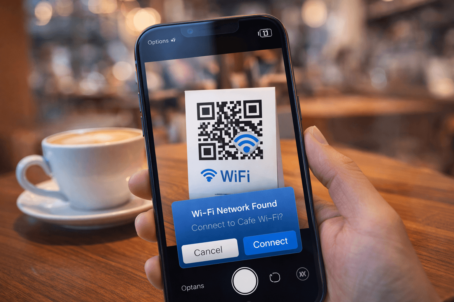 Person scanning WiFi QR code to connect